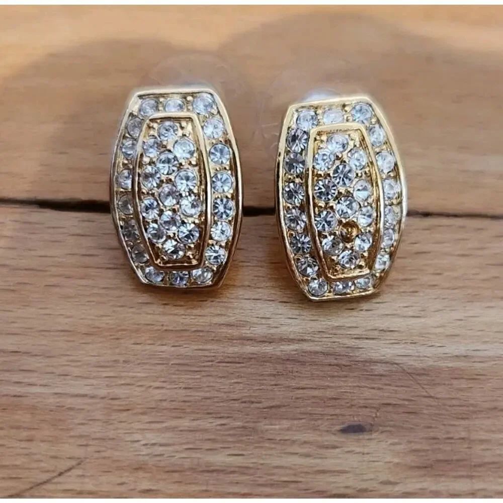Vintage Roman Gold Colored And Crystal Post Earrings Wedding Prom Formal